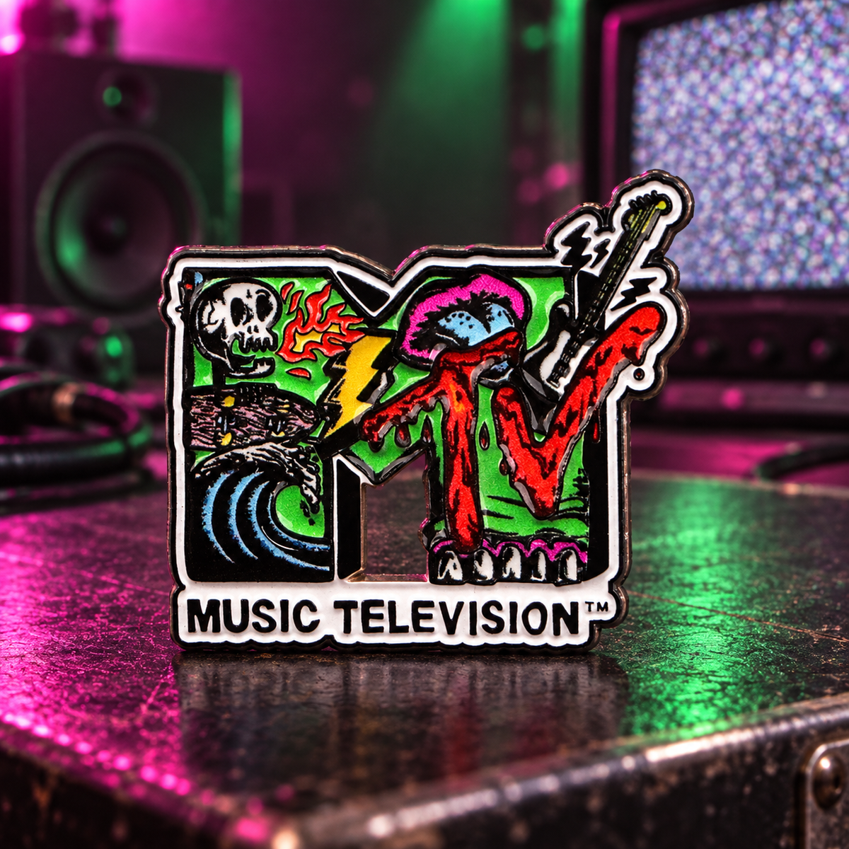 MTV Retro Pin enamel pin on a themed background