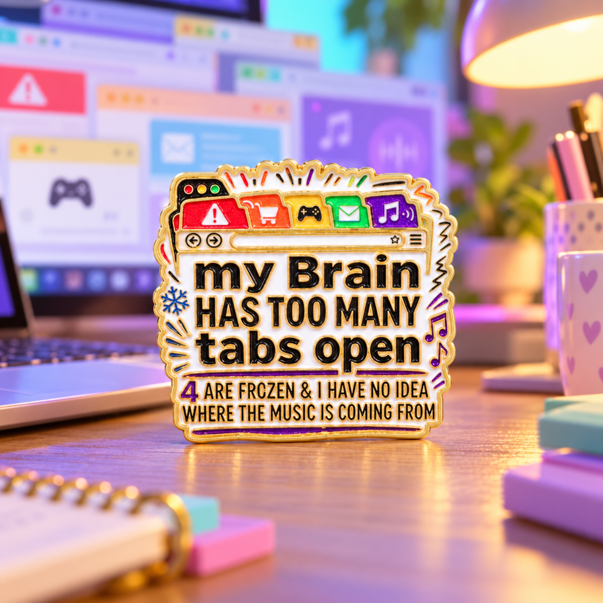 My Brain Has Too Many Tabs Open Browser enamel pin on a colorful desk with browser tabs