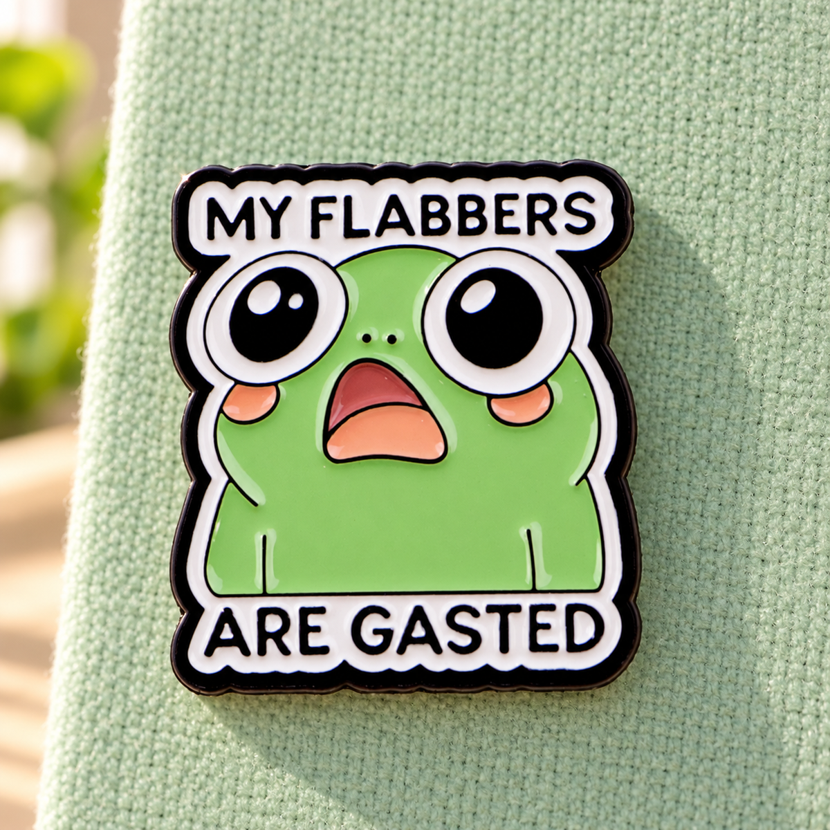 My Flabbers Are Gasted frog enamel pin on mint canvas