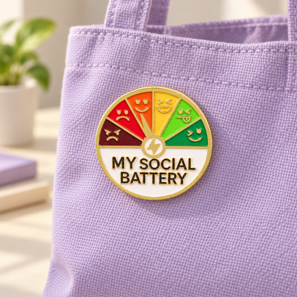 My Social Battery Mood Pin on a lavender canvas tote bag