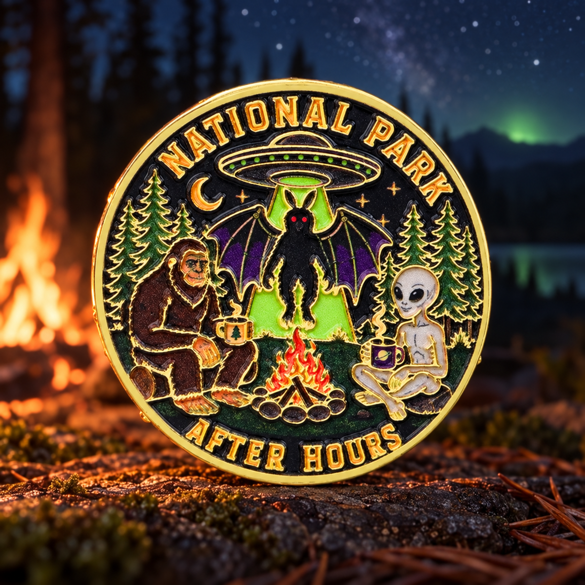 National Park After Hours Cryptid Pin on a themed background