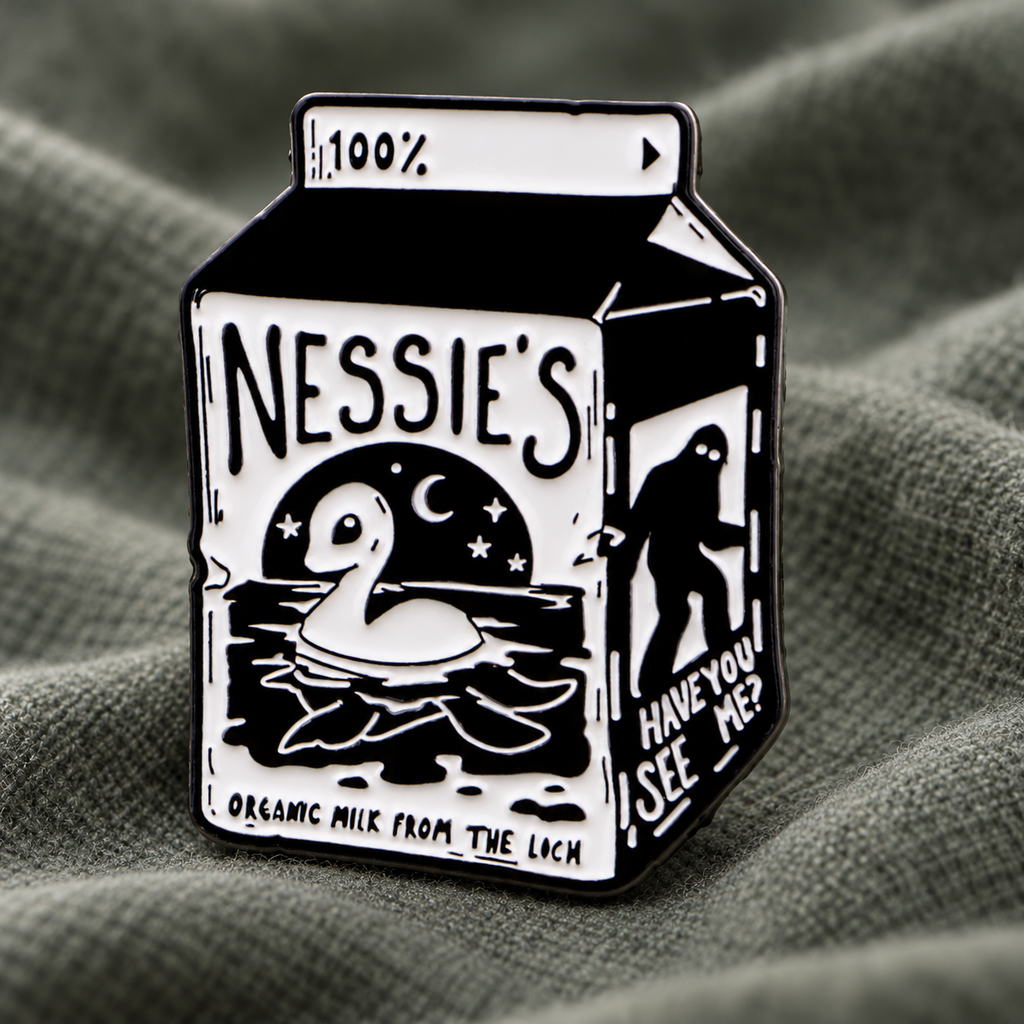 Nessie's milk carton enamel pin on gray green fabric
