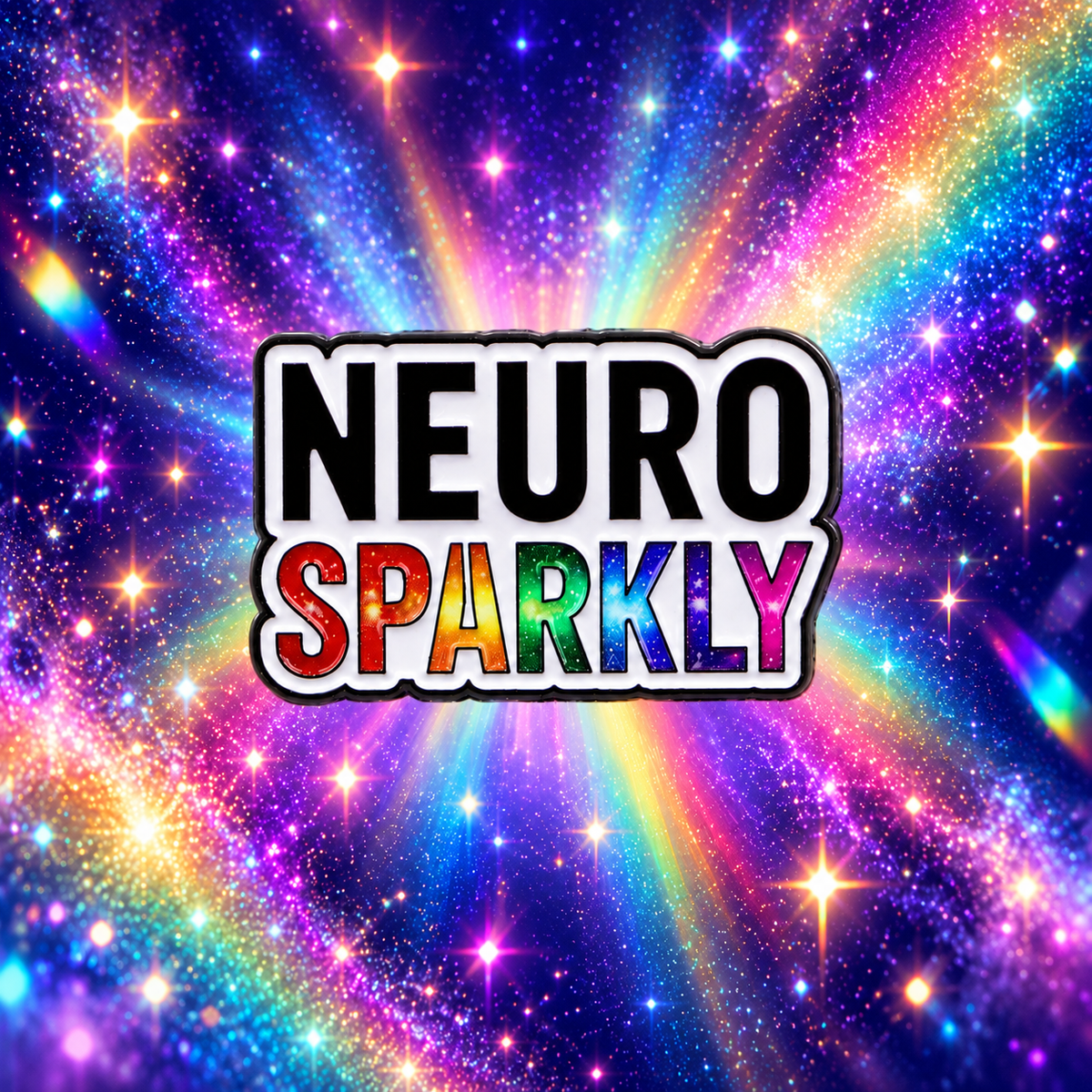 Neuro Sparkly Rainbow Pin against a colorful cosmic background