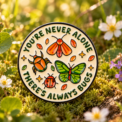 You're Never Alone There's Always Bugs enamel pin in a sunny meadow