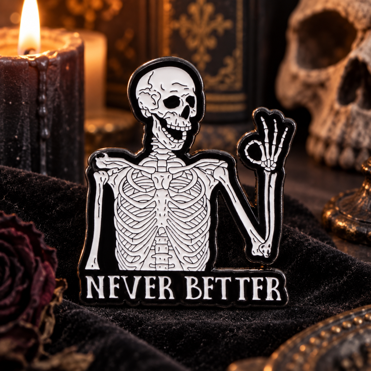 Never Better Skeleton Pin enamel pin on a themed background