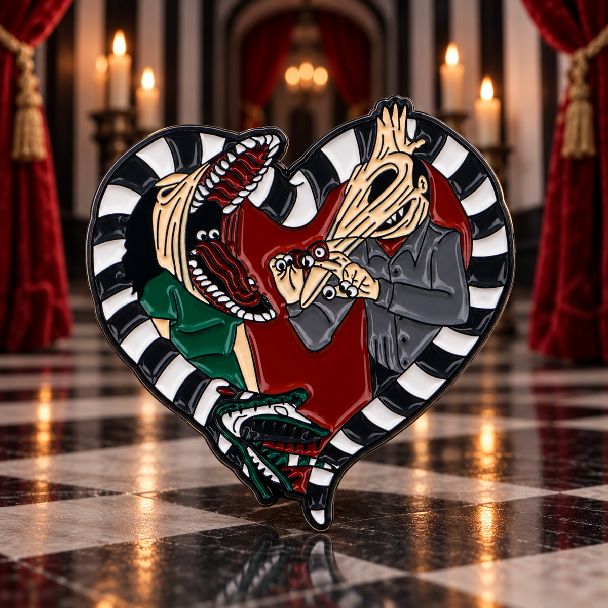 Never Trust The Living Heart Beetlejuice Pin on a themed spooky background
