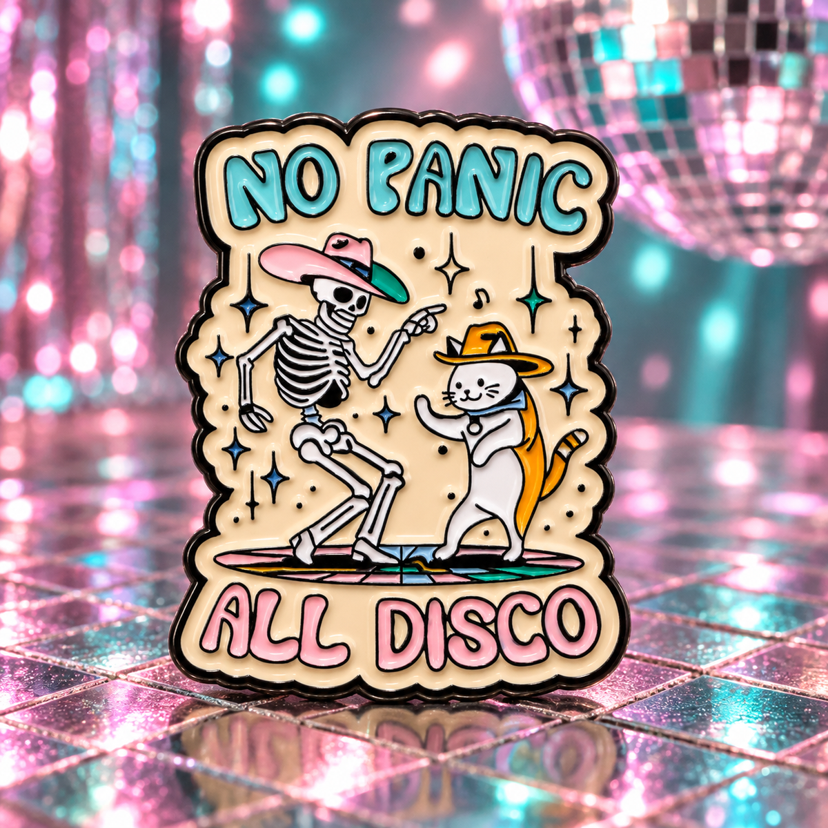 No Panic All Disco Skeleton & Cat Pin enamel pin on a themed background