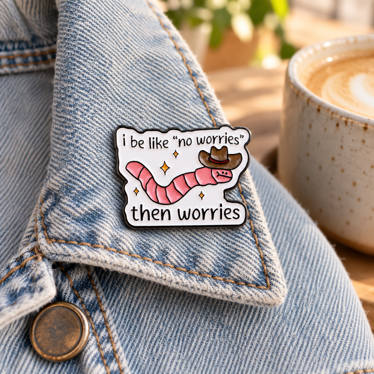 No Worries Then Worries earthworm enamel pin on a denim jacket
