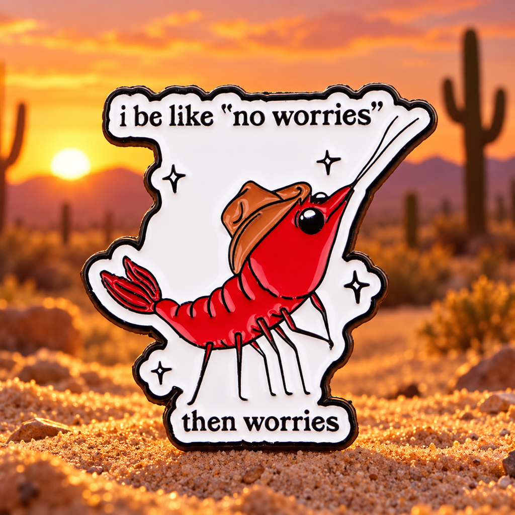No Worries Then Worries Cowboy Shrimp Pin in sunset desert