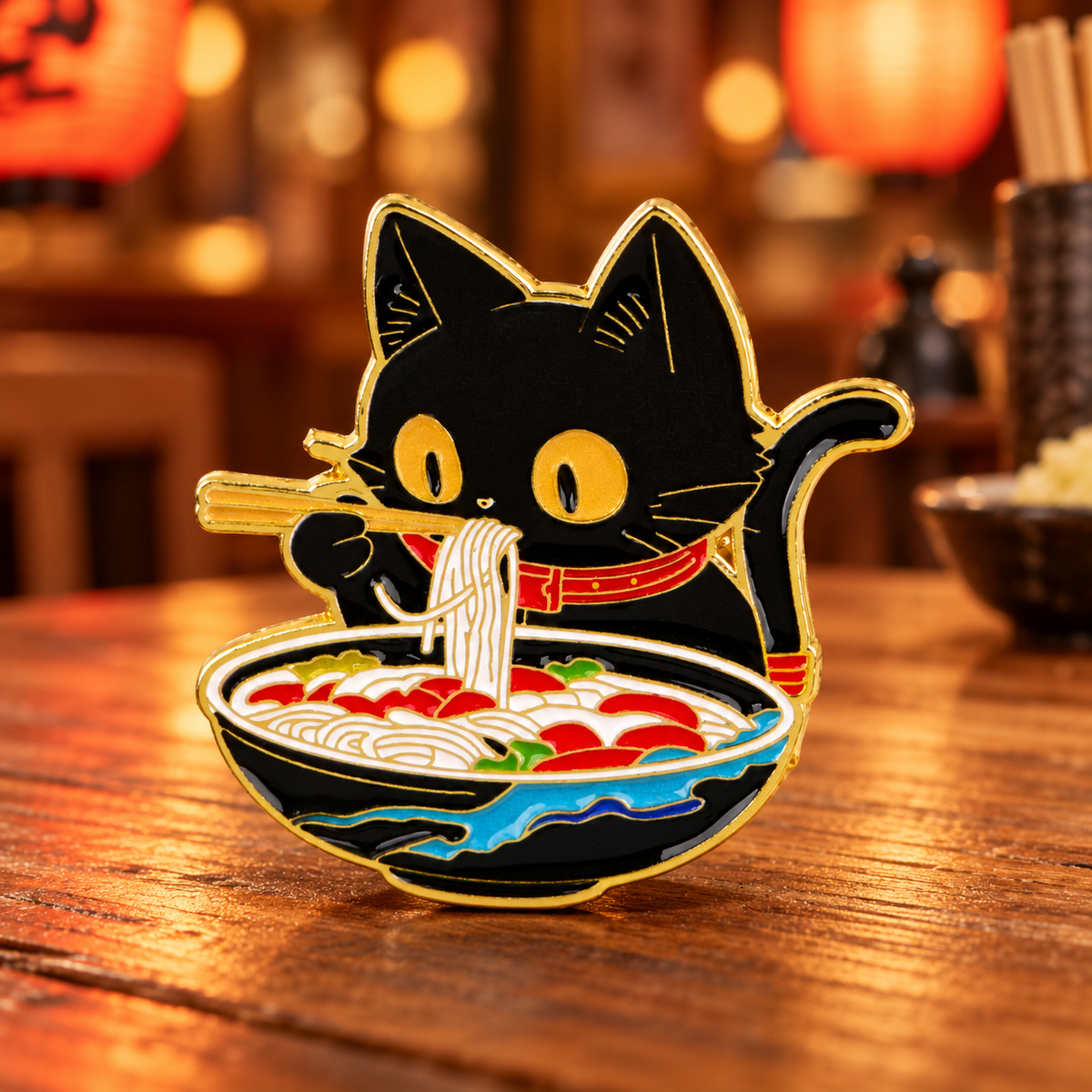 Japanese Black Cat Eating Noodles Pin – restaurant de ramen