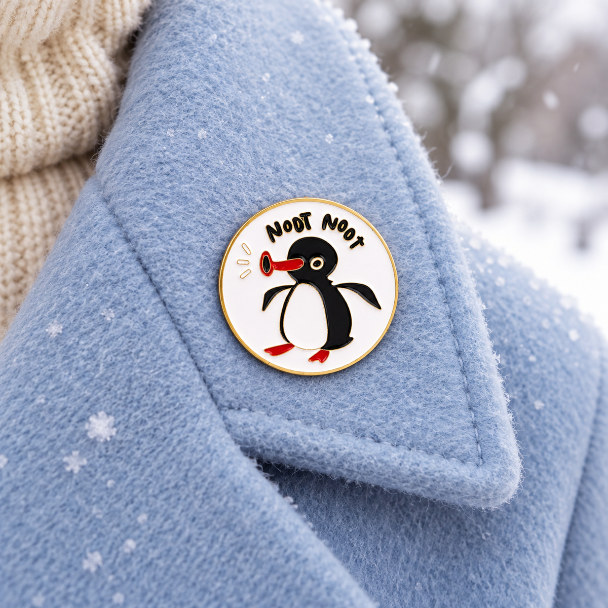 Noot Noot Pingu enamel pin on a pale blue wool coat
