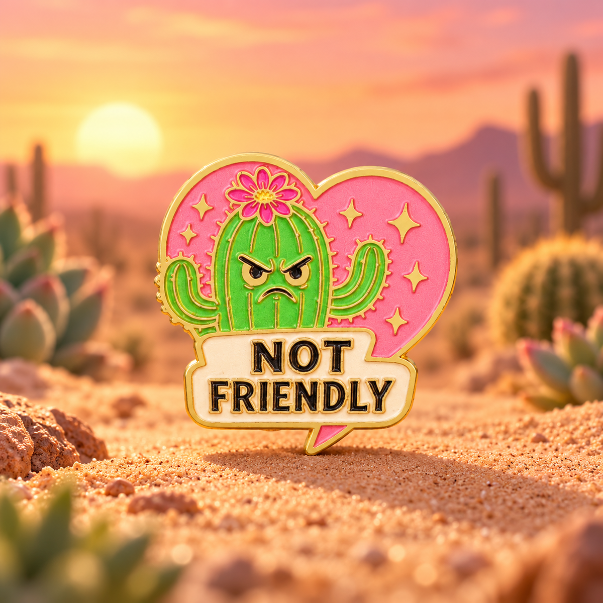 Not Friendly Cactus Pin in a warm desert scene