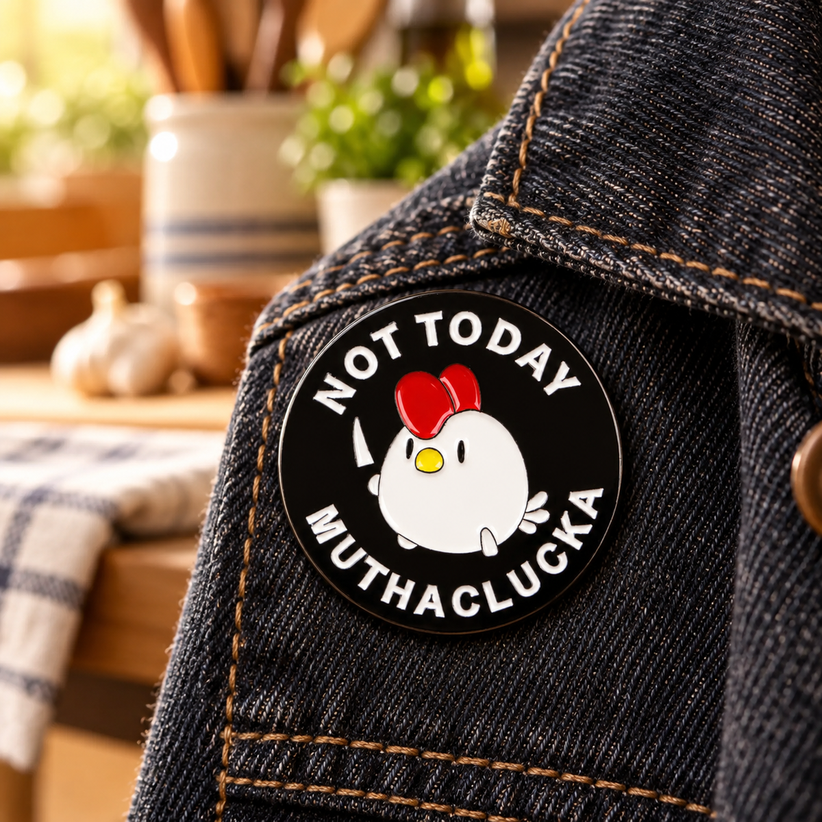 Not Today Muthaclucka chicken enamel pin on dark denim