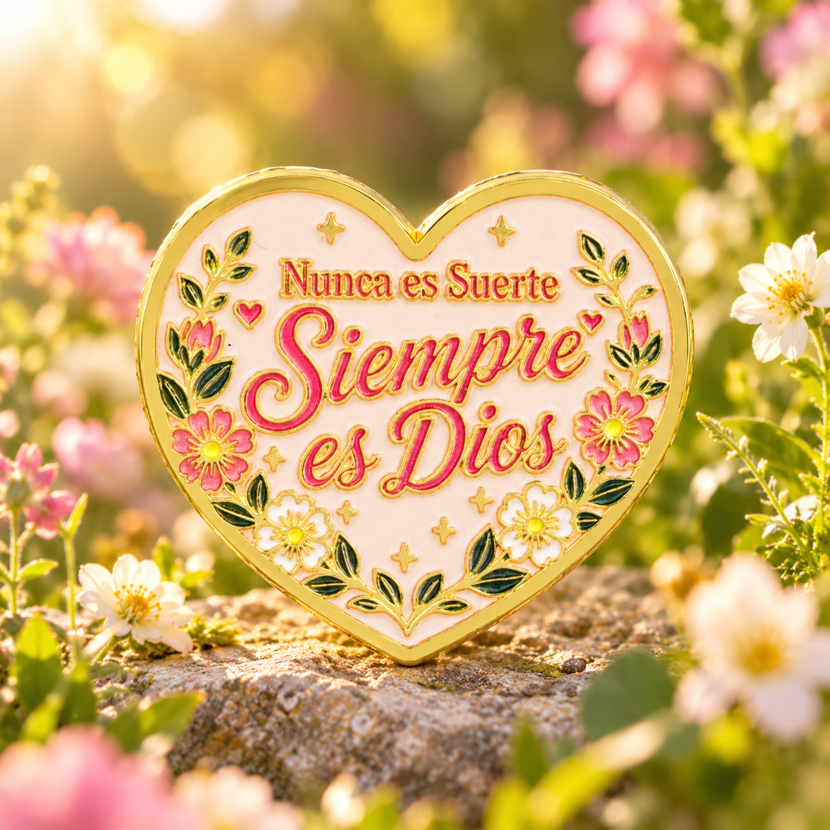 Nunca es Suerte Siempre es Dios Heart Pin in a sunlit floral garden
