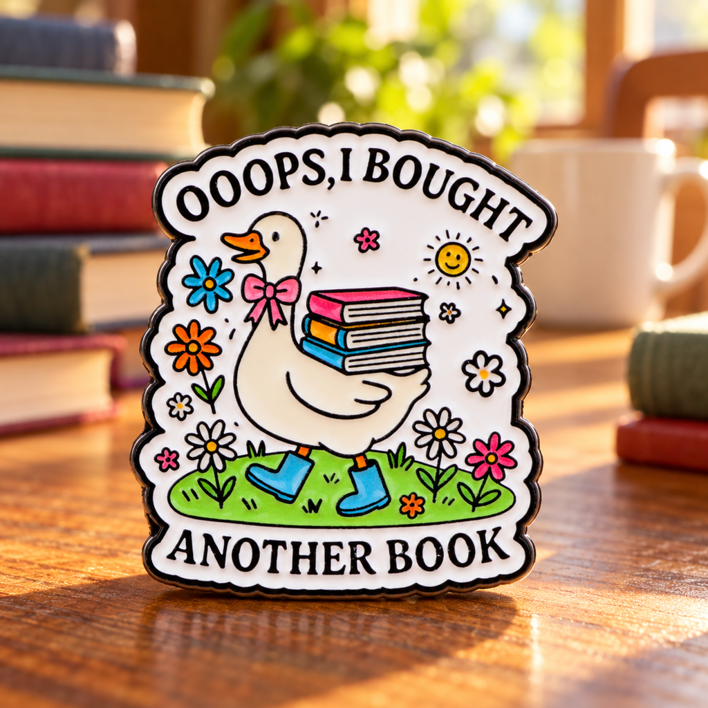 Goose enamel pin with books in a warm reading nook