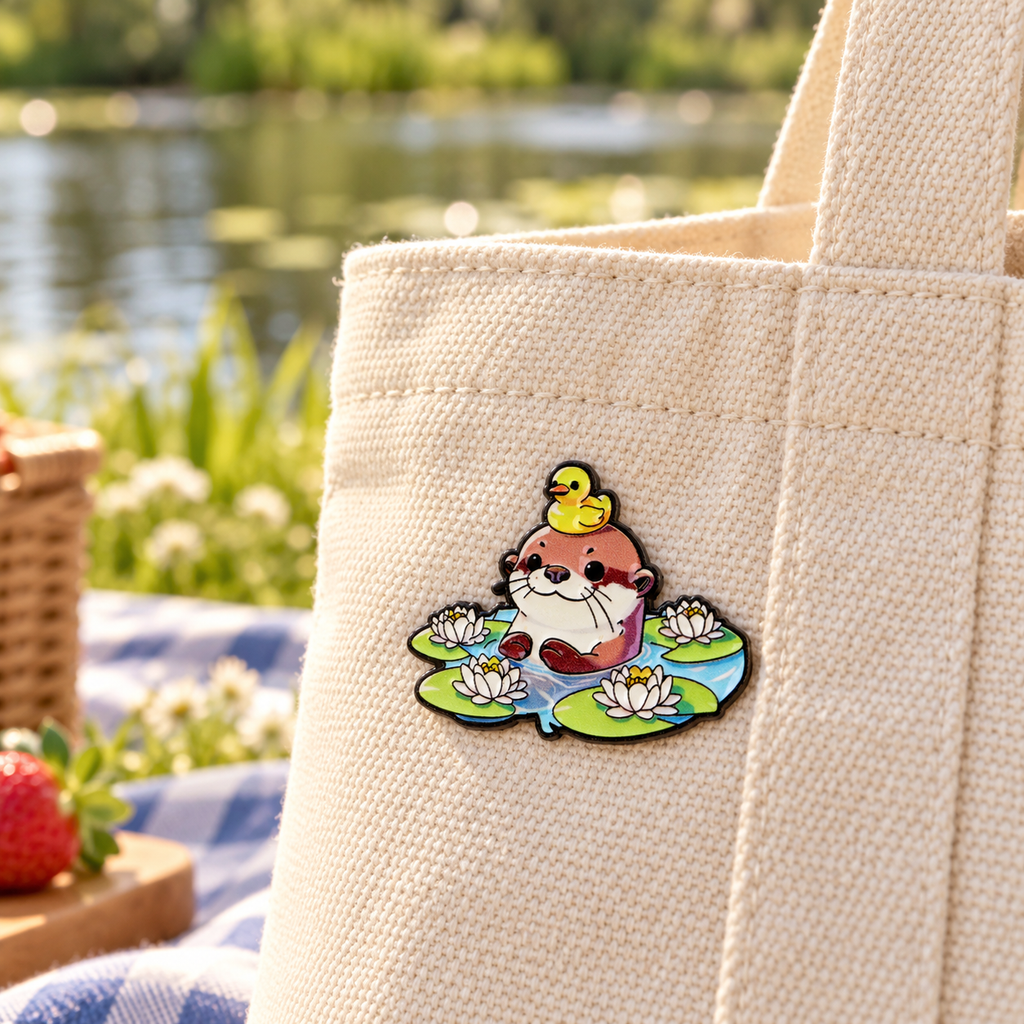 Otter and duck enamel pin on a canvas picnic tote