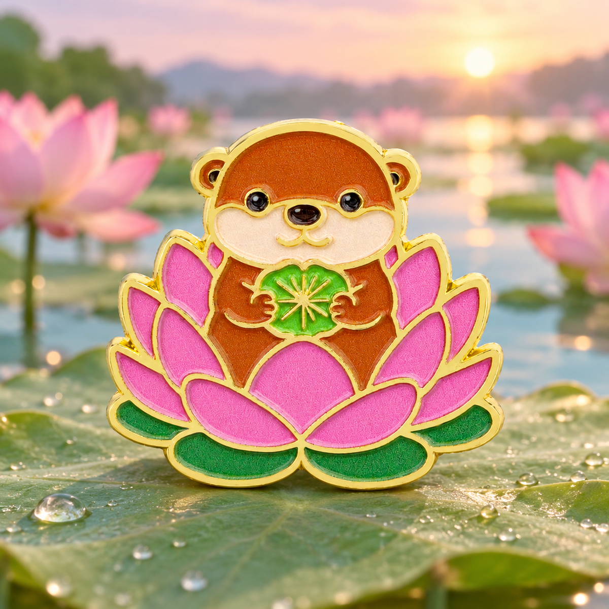 Otter in a Lotus Flower Pin against a serene lotus pond