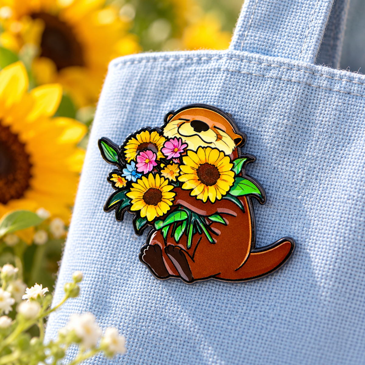 Pin loutre avec tournesols sur sac bleu