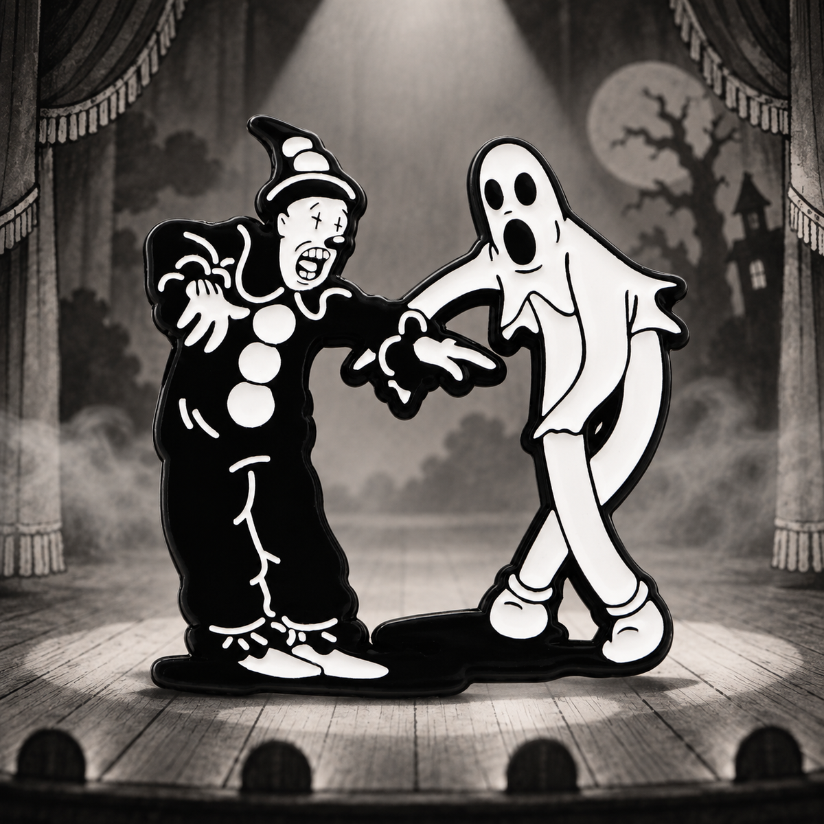 Out of the Inkwell Koko Pin on a vintage spooky cartoon stage