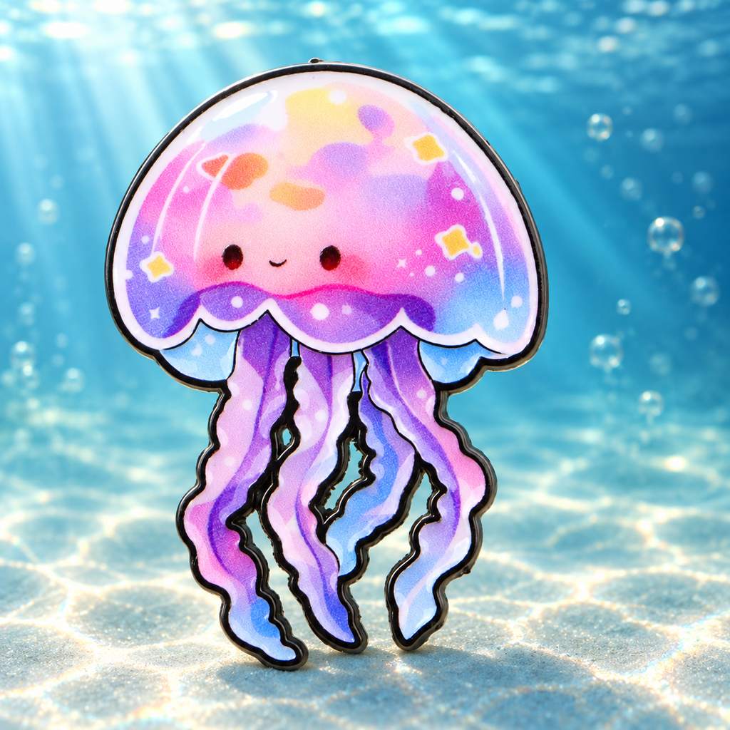 Pastel Rainbow Jellyfish Pin in a soft underwater scene