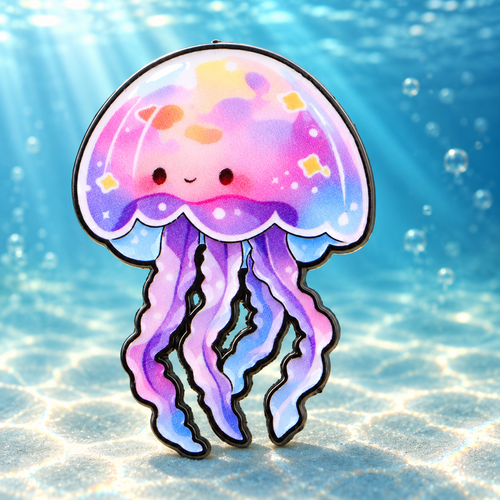 Pastel Rainbow Jellyfish Pin in a soft underwater scene