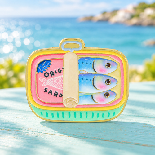 Pastel Sardine Tin enamel pin by a sunny turquoise seaside