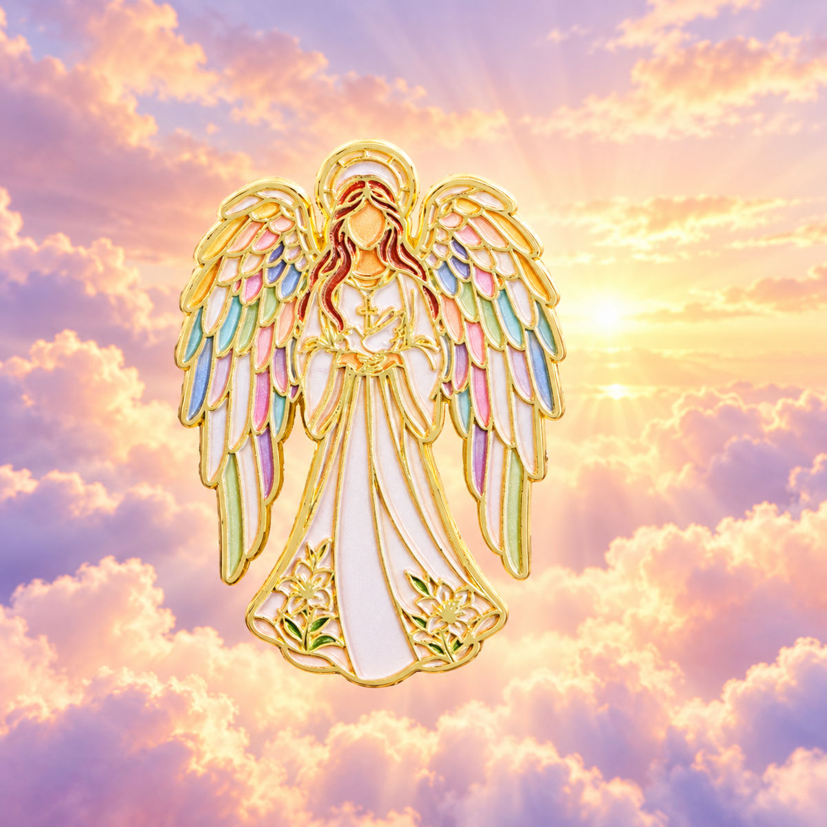 Pastel-Winged Angel Pin in a soft celestial setting