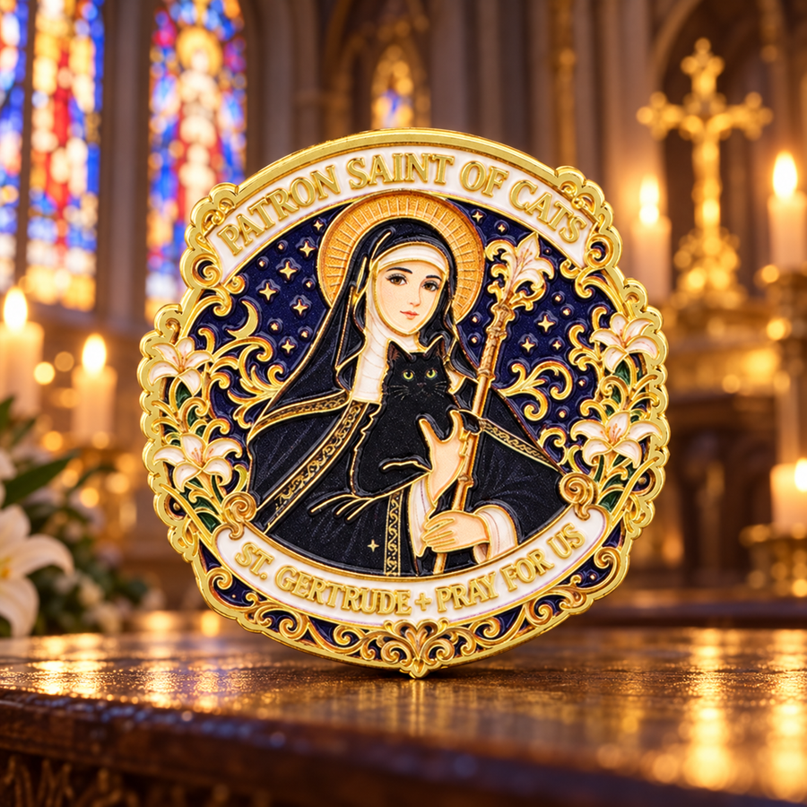 Patron Saint of Cats Pin in a candlelit chapel