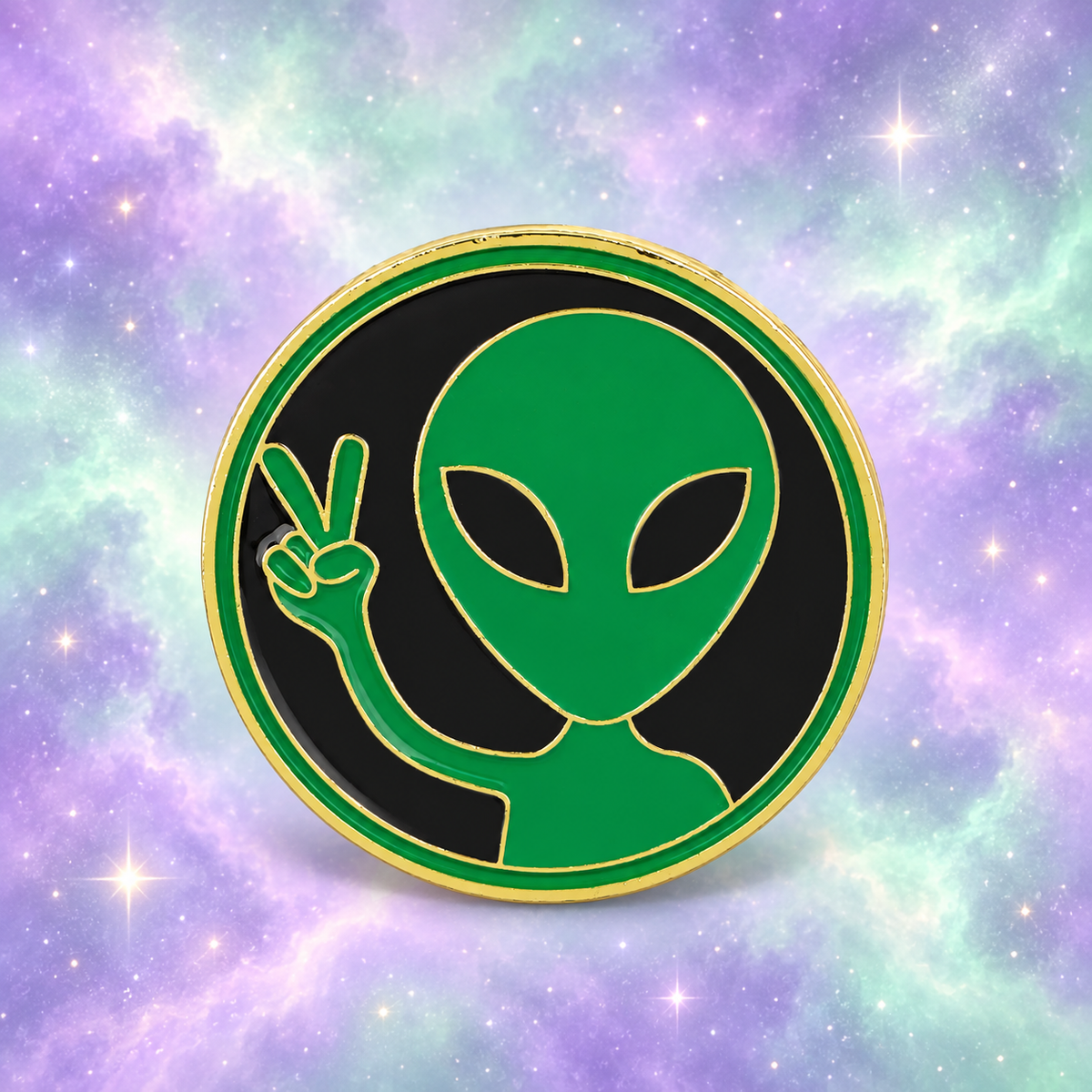 Peace Sign Green Alien enamel pin on a pastel nebula background