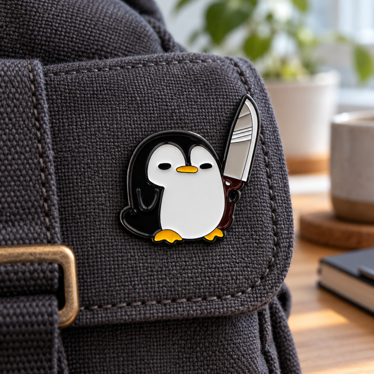 Penguin knife enamel pin on a charcoal canvas backpack