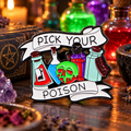 Pick Your Potion Pin on a themed spooky background