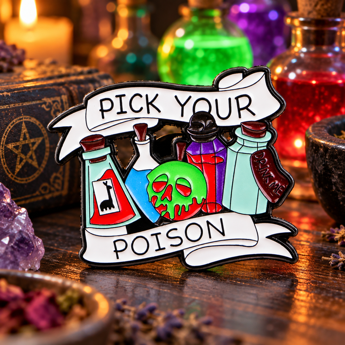 Pick Your Potion Pin on a themed spooky background
