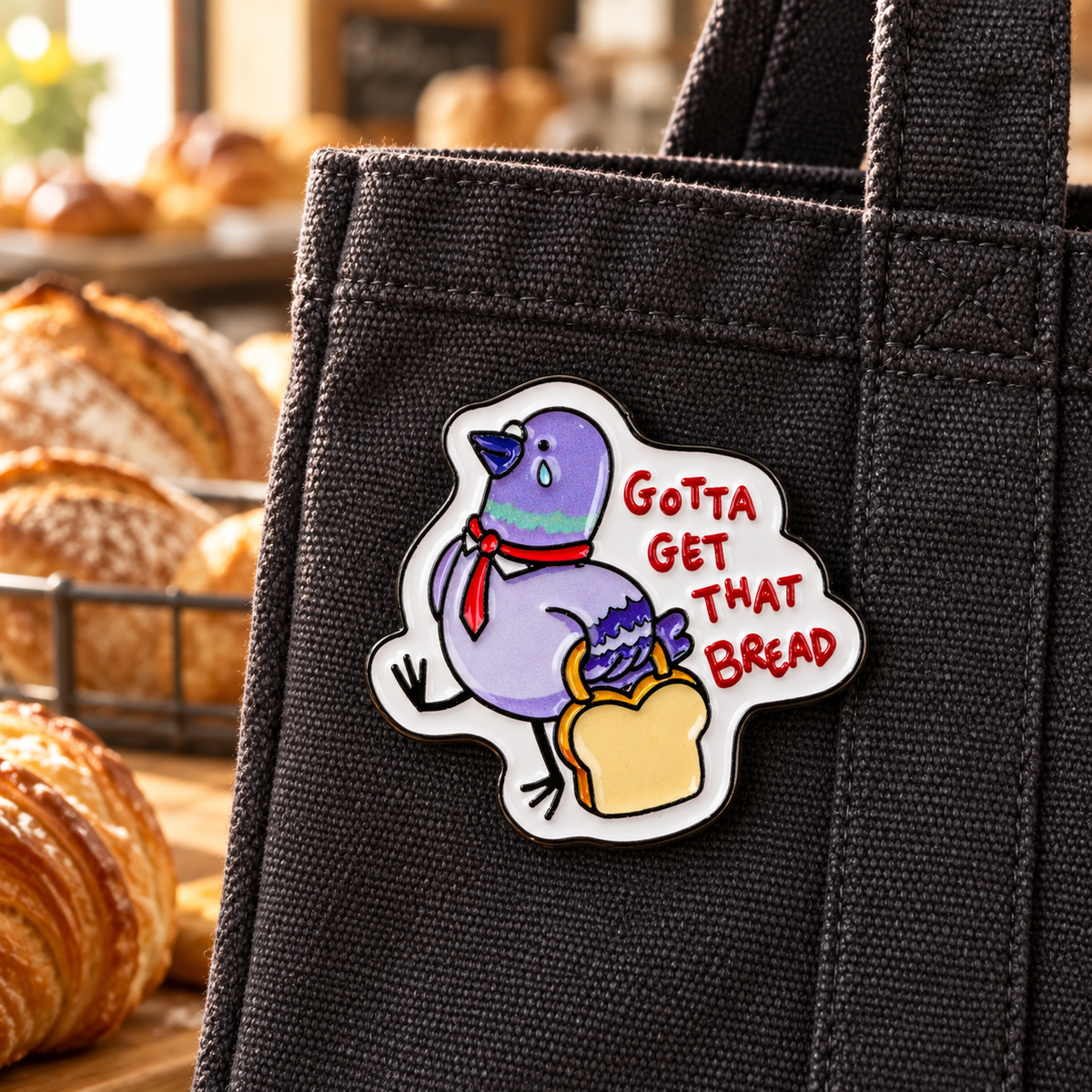 Gotta Get That Bread pigeon enamel pin on a canvas tote