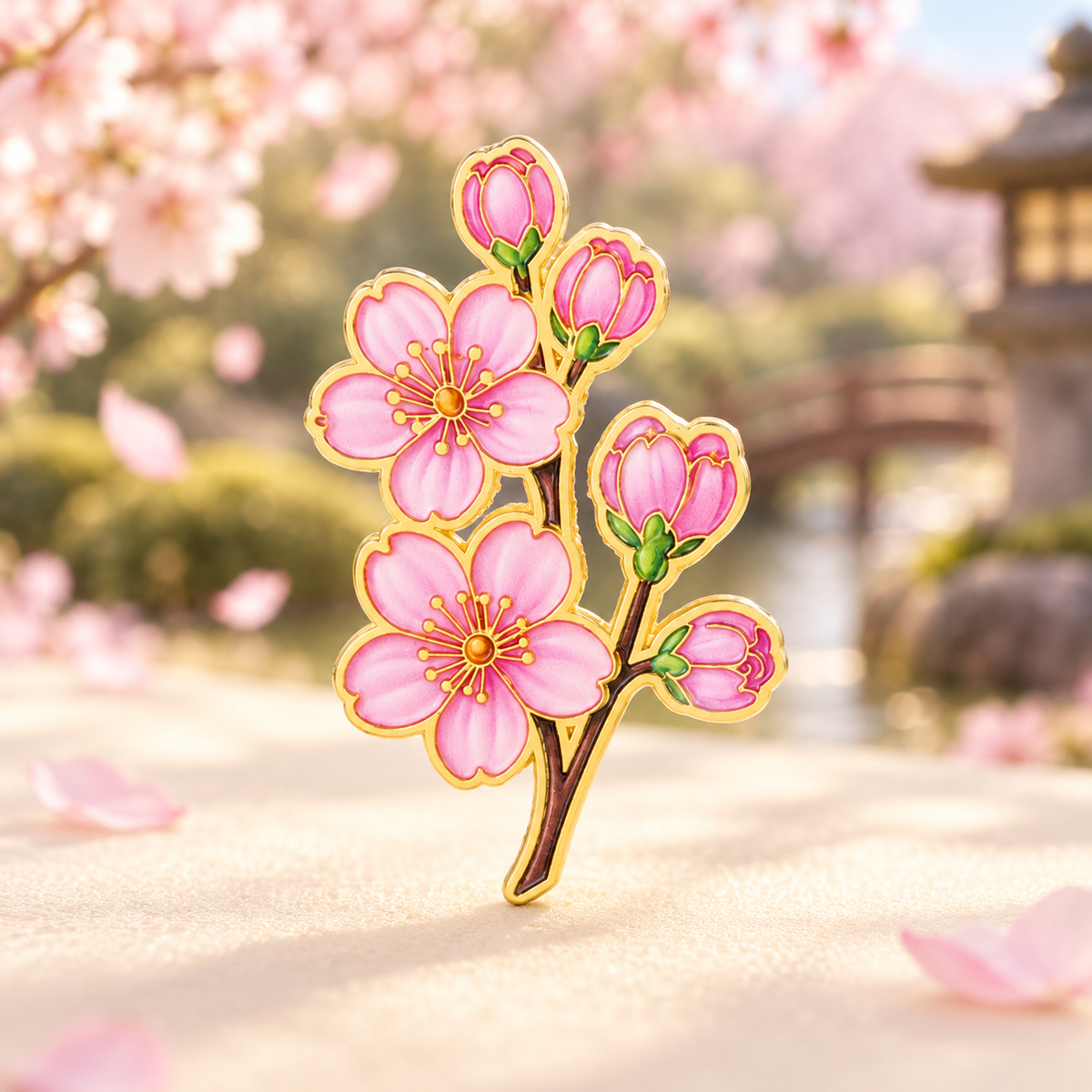 Pink Cherry Blossom Branch Pin in a soft spring garden