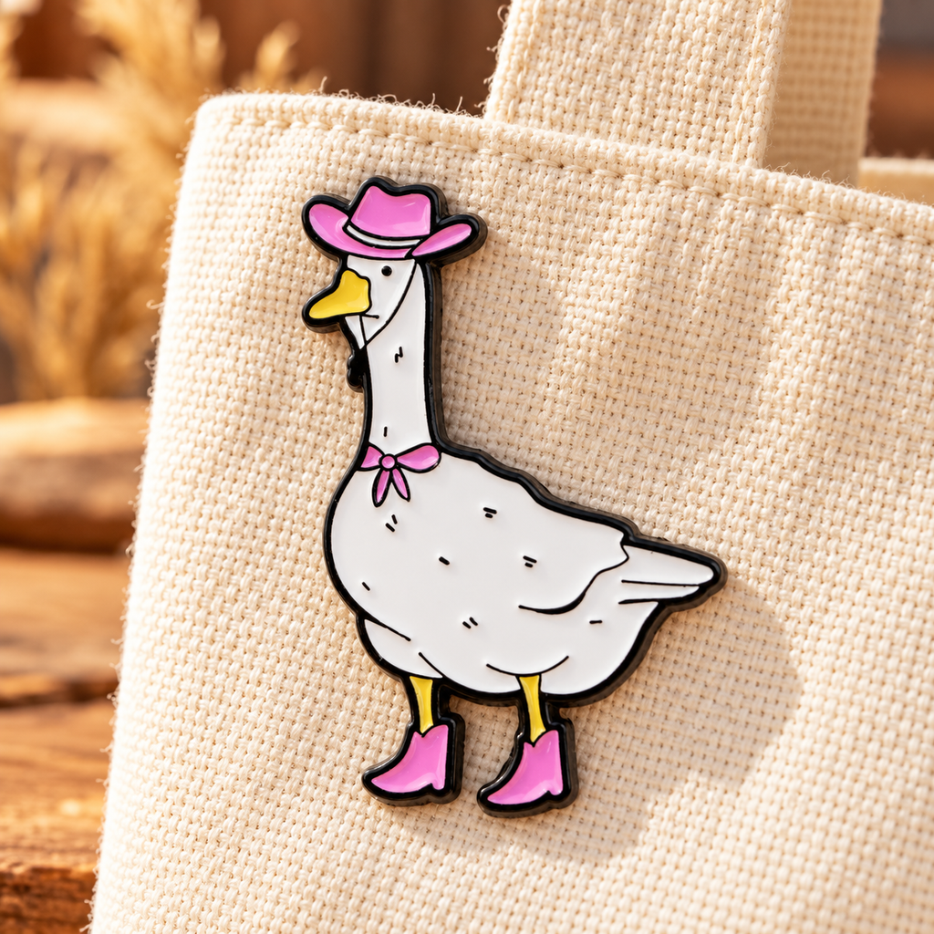 Pink Cowboy Goose enamel pin on a woven tote
