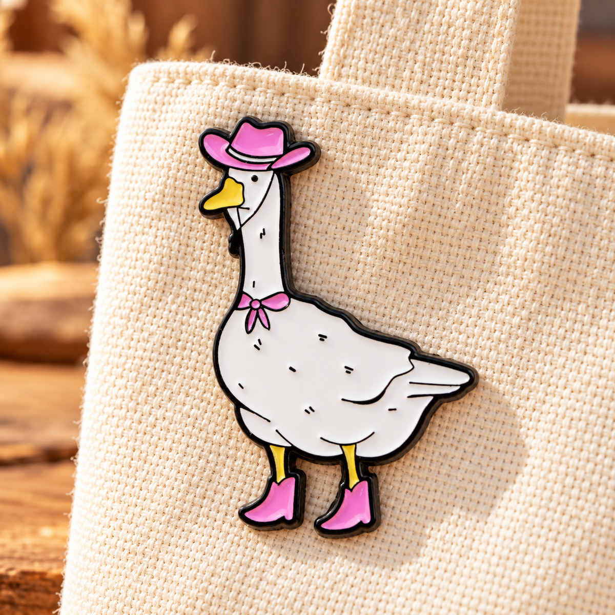 Pink Cowboy Goose enamel pin on a woven tote