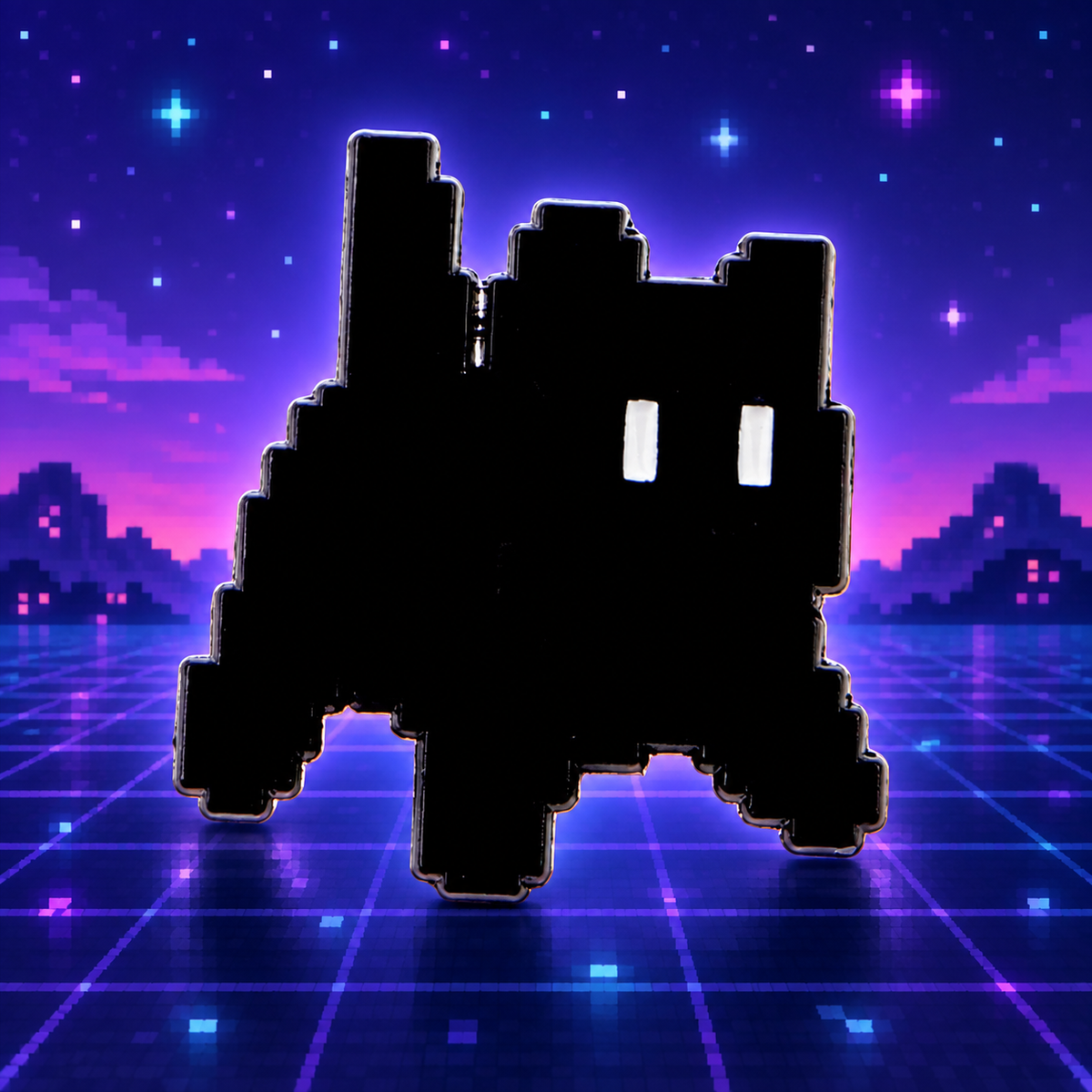Pixel Black Cat enamel pin on a retro pixel-game background