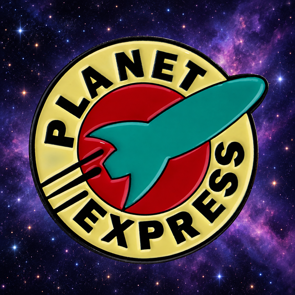 Planet Express enamel pin against a starry nebula