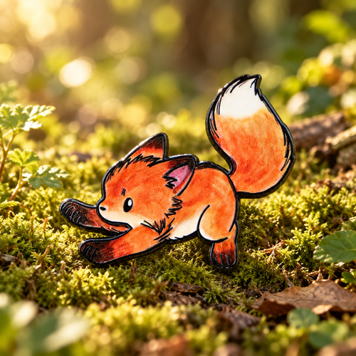 Playful Stretching Fox enamel pin on a sunlit mossy woodland floor