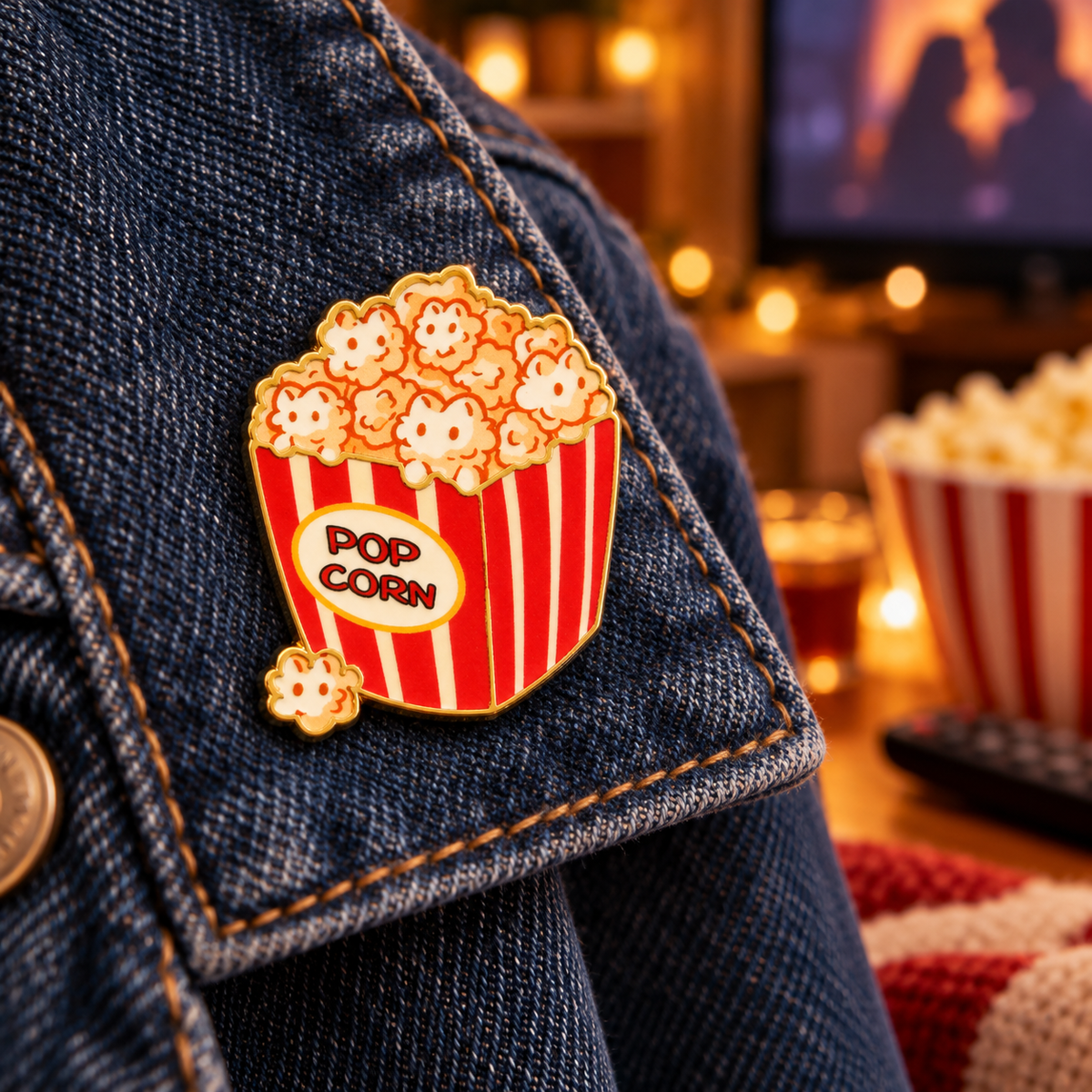 Popcorn Pals Cat enamel pin on a denim jacket for movie night