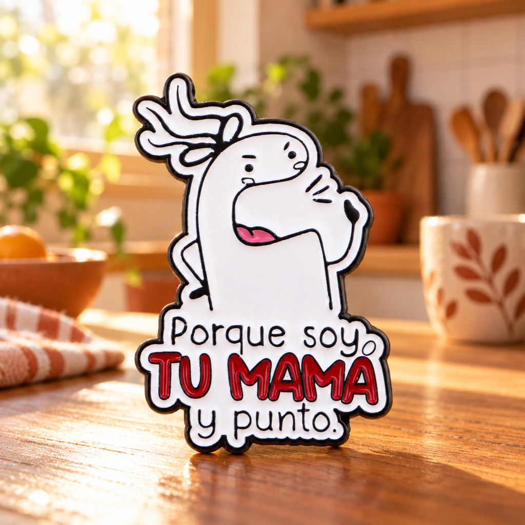 Porque Soy Tu Mama y Punto Pin in warm kitchen