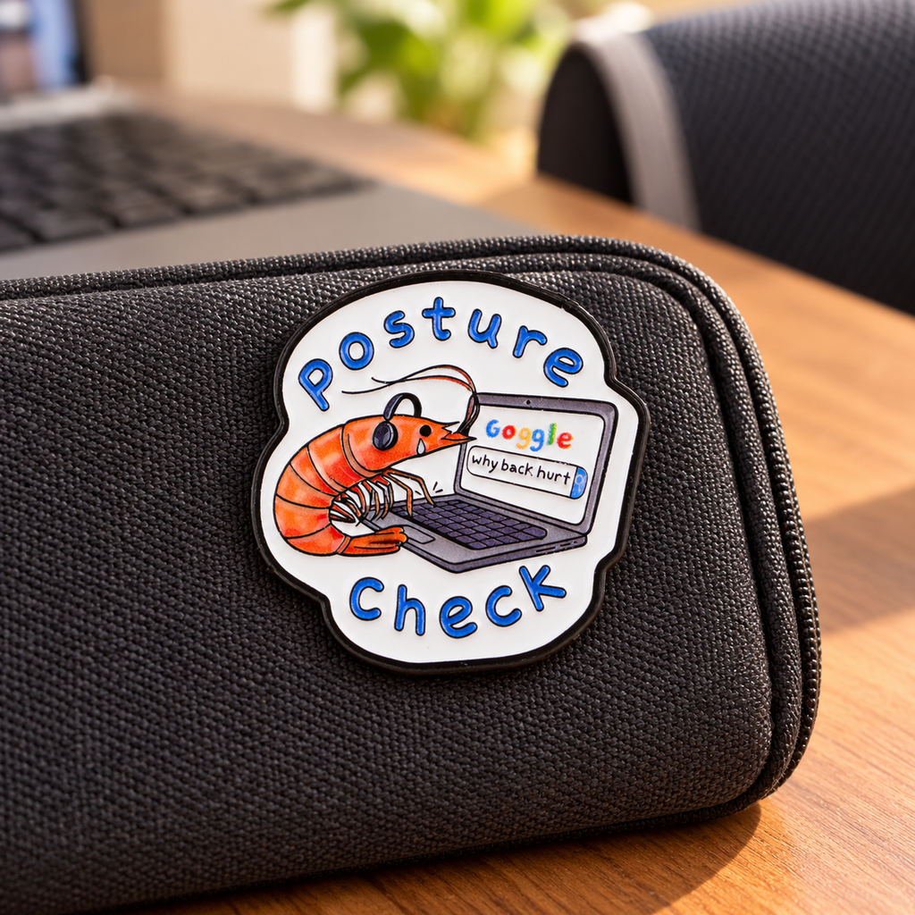 Posture Check shrimp enamel pin on a charcoal laptop sleeve
