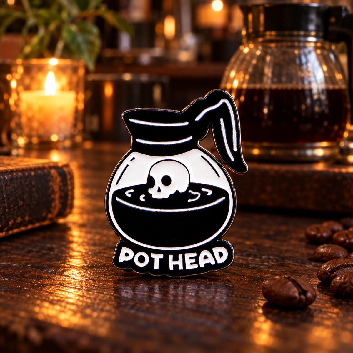 Pot Head Skull Coffee Pot Pin on a themed spooky background