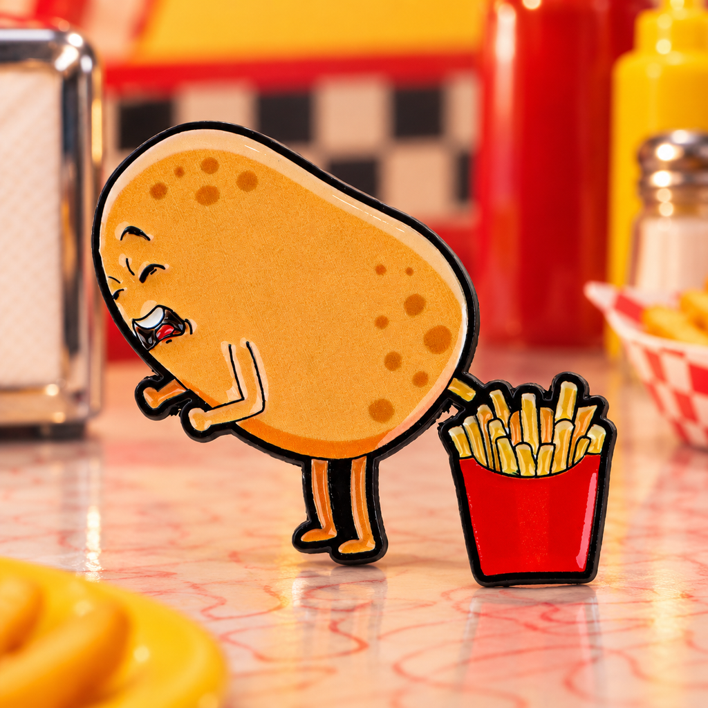 Potato Pooping French Fries enamel pin against a playful diner backdrop