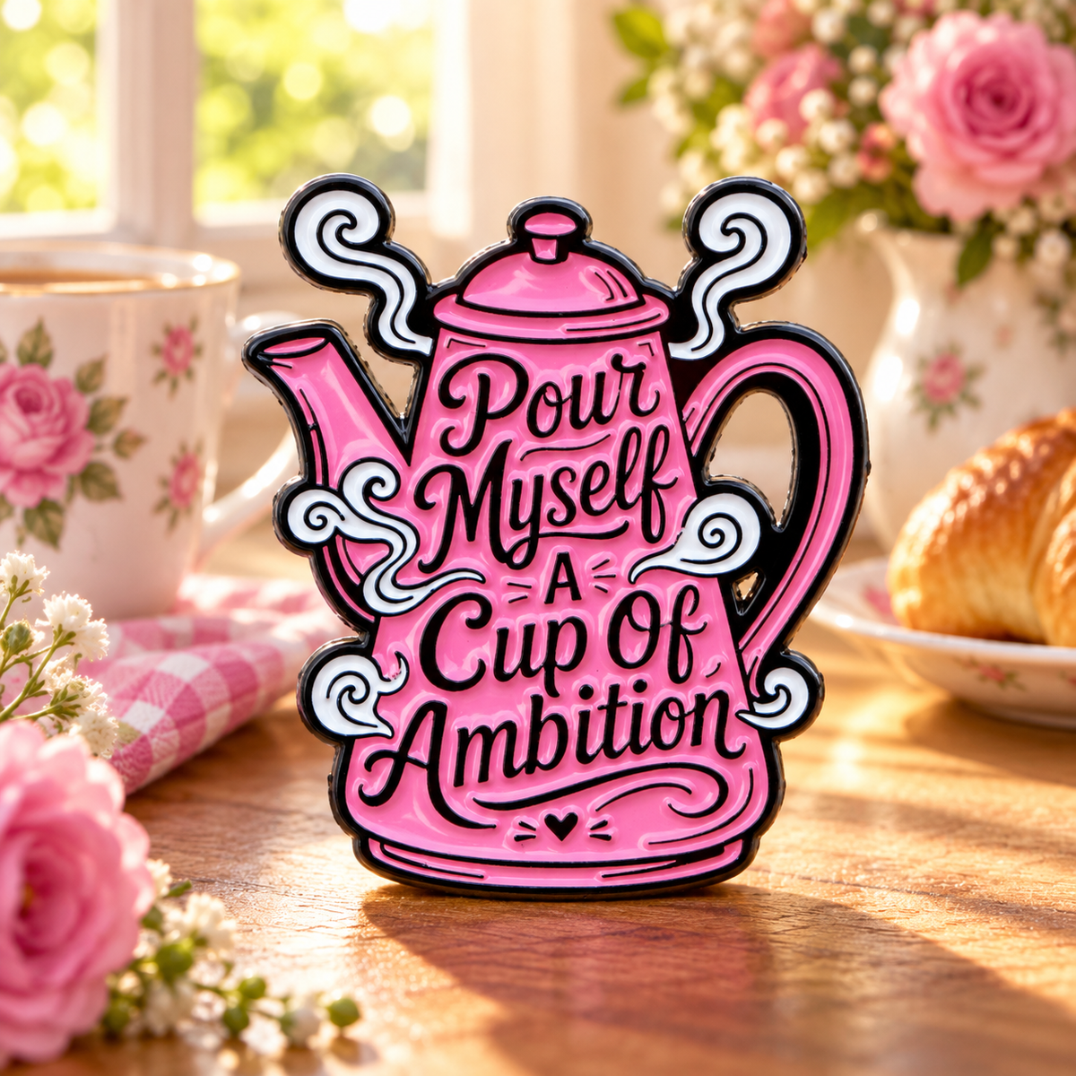Pour Myself a Cup of Ambition Teapot Pin in a cozy kitchen