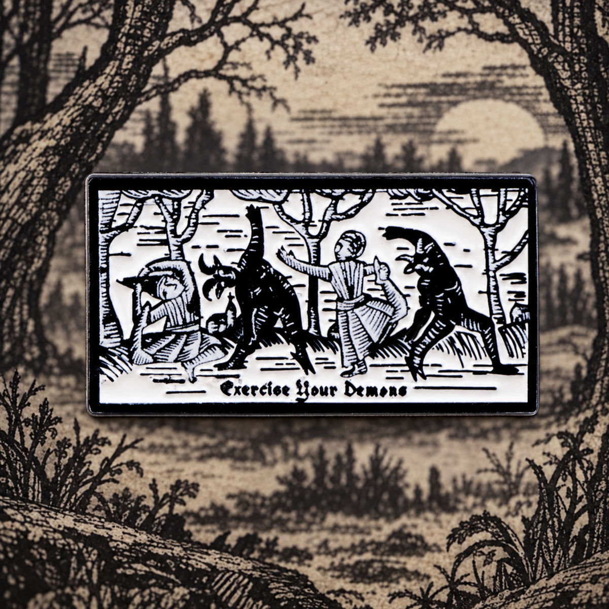 Practice Your Dance Woodcut Pin on a themed spooky background