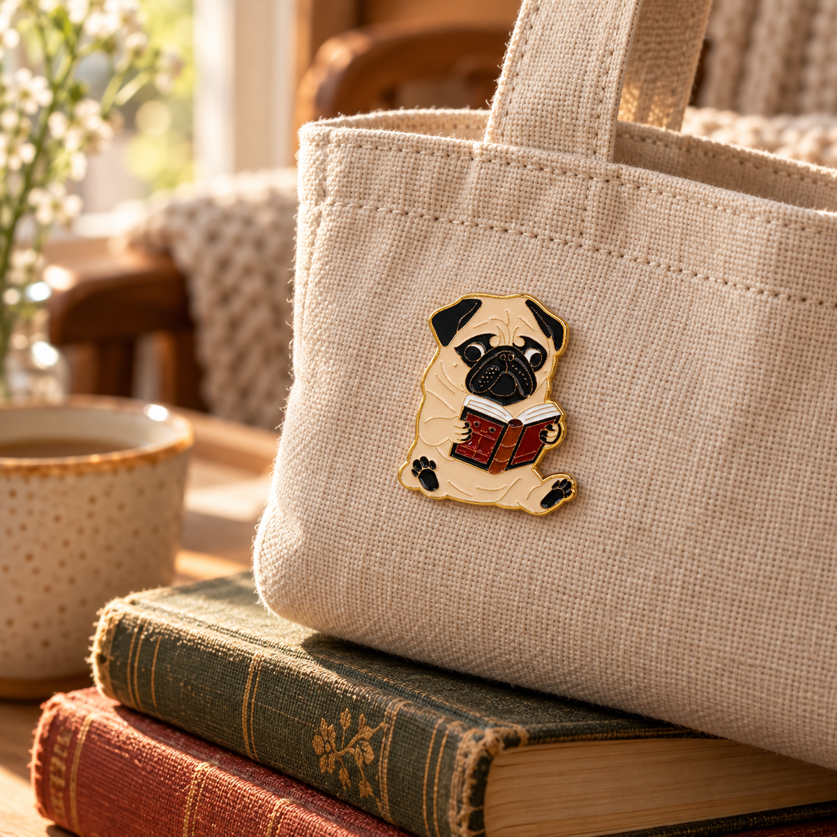 Pug Dog Reading Book enamel pin on a linen book tote