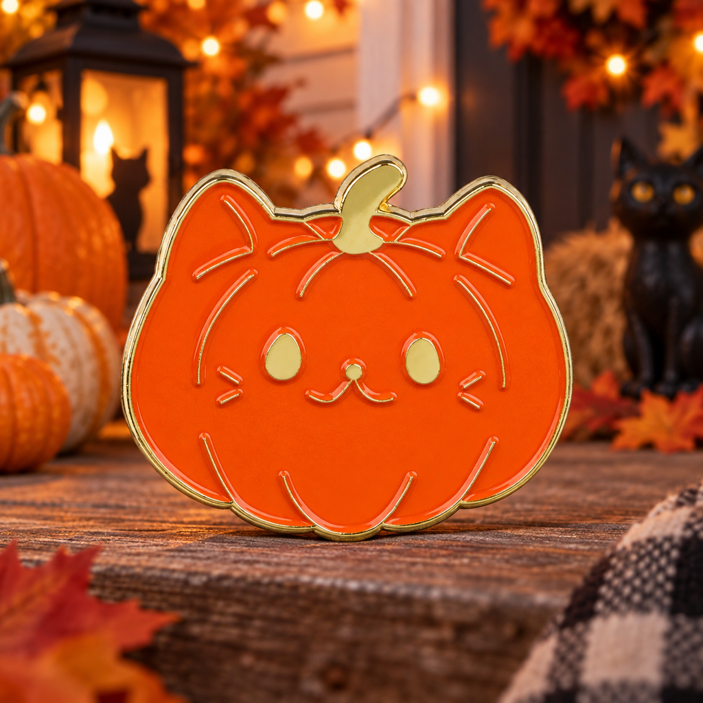 Pumpkin Cat Pin on a themed spooky background