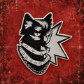 Punk Black Cat enamel pin against a red distressed background