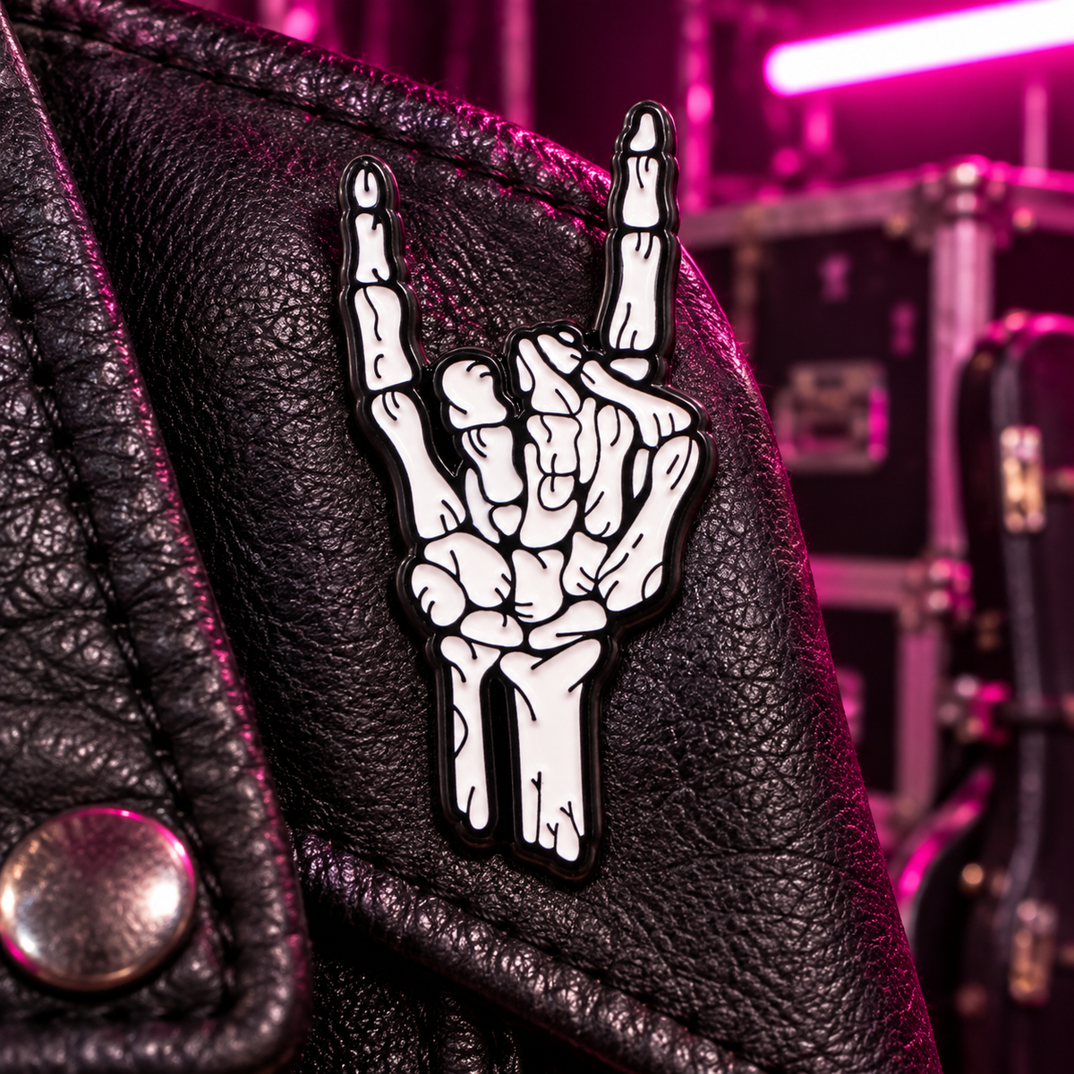Punk Rock Skeleton Finger Pin enamel pin on a themed background